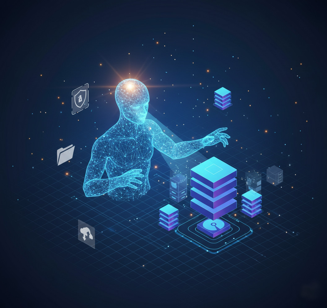 Иллюстрация AI-ассистента, взаимодействующего с базой знаний (стилизованная графика с векторами и нейронными сетями)